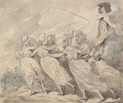 A Man Driving a Team of Six Girls by Thomas Rowlandson